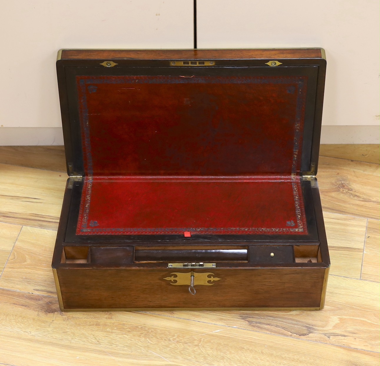 A Victorian brass bound rosewood writing box, 50. 5cm wide